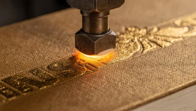 Closeup of heated die pressing shimmering gold foil onto a book cover with crisp details on the foil and blurred background emphasizing the embossing process.