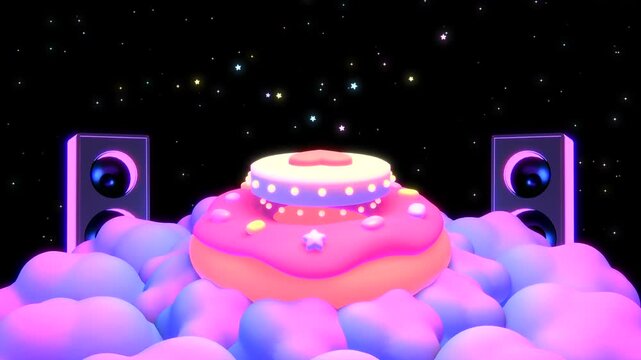 Cartoon floating donut stage at night animation. (loop)