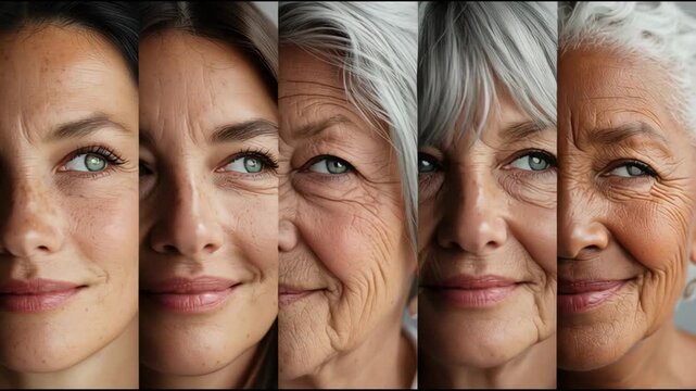 Five women of different ages with diverse hair colors and textures display a range of expressions, showcasing the beauty of aging in a well-lit indoor setting