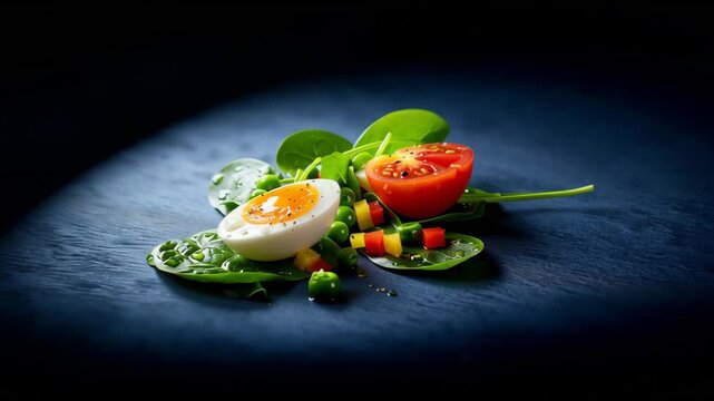 Freshly prepared salad with sliced boiled eggs, vibrant cherry tomatoes, and green spinach leaves arranged on a dark wooden surface, showcasing colorful diced vegetables