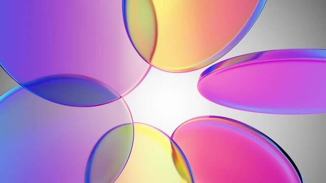 Colorful transparent holographic glass discs floating on light background in seamless loop.