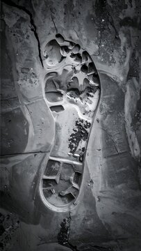 Close-up of a human footprint impressed into a stone surface, the details of the shoe sole showing