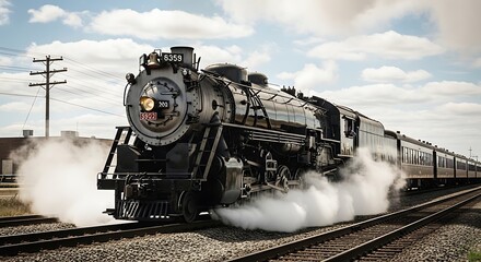 Naklejka premium Steam train chugs along railroad tracks with plumes of white smoke billowing from locomotive.