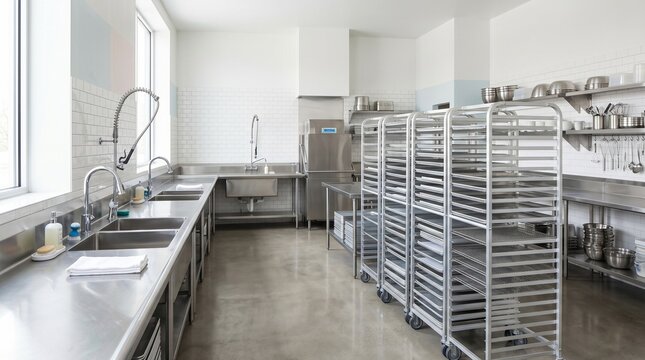 Bright and clean professional commercial kitchen featuring extensive stainless steel countertops, multiple sinks, and portable baking racks, ideal for large-scale food preparation