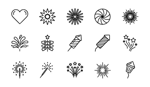 Minimal fireworks outline icons in grid layout with sparkler firecracker and burst shapes for celebration design