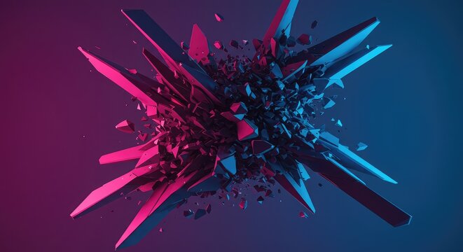 Digital abstract composition showing shattered geometric forms and sharp lines representing chaos, complexity, and the breakdown of structure, design, shatter, glitch