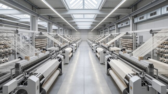 High-tech textile manufacturing facility showcasing automated weaving machinery and vast production lines in a pristine, well-lit modern factory environment