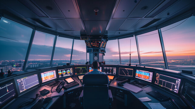 Controller the air traffic in the control tower at airport.