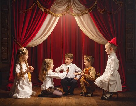 Five children dressed in costumes on a stage with a red curtain backdrop, illuminated by stage lighting. They engage in a theatrical performance