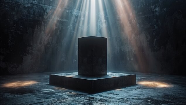 Dark cuboid monolith on a pedestal in a gloomy concrete chamber with dramatic light rays