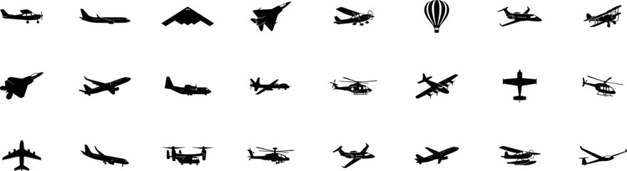 airplane and aircraft silhouette icons set including passenger jet fighter plane helicopter cargo airplane propeller aircraft and hot air balloon vector collection isolated on transparent background © Maksym