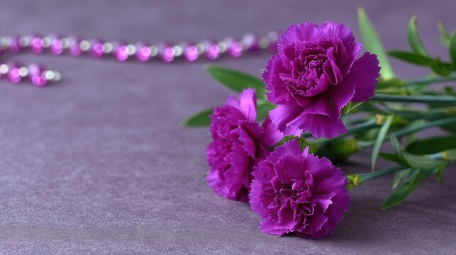 Elegant Purple Carnation Flowers And Beads Scattered On A Textured Purple Background Romantic Gift Concept. Banner, copy space