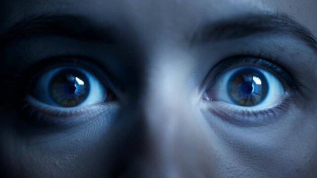Shocked eyes of a woman in low light, close up of wide open female eyes with look of fear, surprised expression in cinematic blue lighting