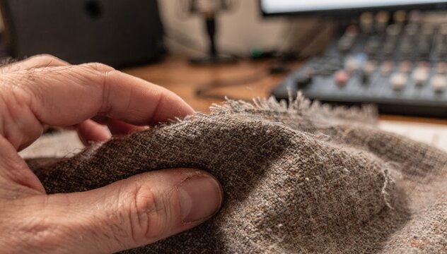 Focused view of fabric being gently rustled by fingers capturing fine textile fibers and hands with a softly blurred microphone and mixing desk behind.