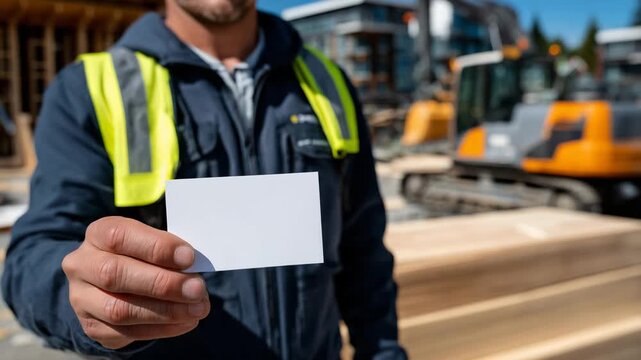 Bright organized construction site with a faceless worker from behind, presenting a blank business card toward the camera, timber frame under construction, neatly stacked building