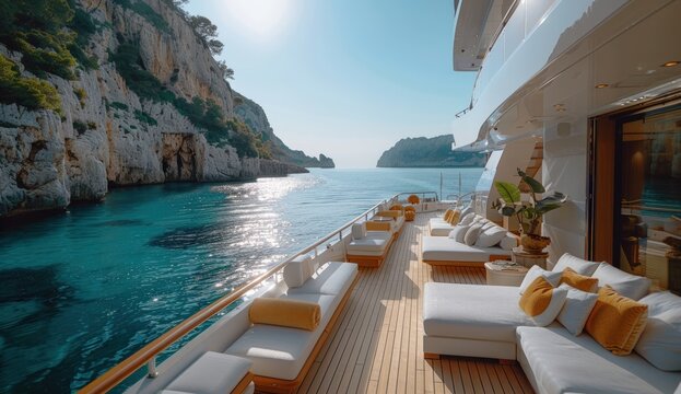 Sunny day on a luxurious yacht deck overlooking a serene turquoise cove and cliffs