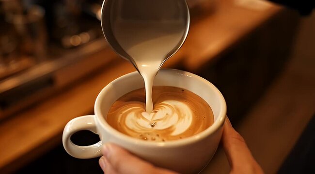 Professional barista pouring steamed milk into espresso, latte art creation in a white ceramic cup, warm cafe atmosphere with creamy coffee texture