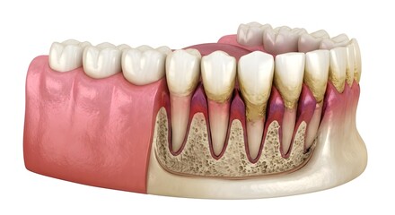 Obraz premium Hyper-realistic 3D Medical Render of Periodontitis: Advanced Gum Disease, Tartar Buildup, and Bone Loss