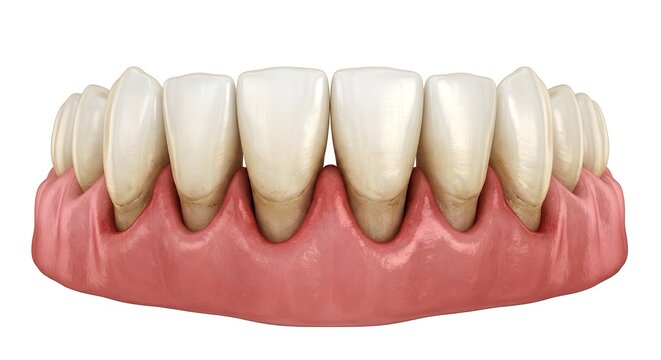 Hyper-Realistic 3D Medical Render of Gingival Recession and Exposed Tooth Roots Isolated on White