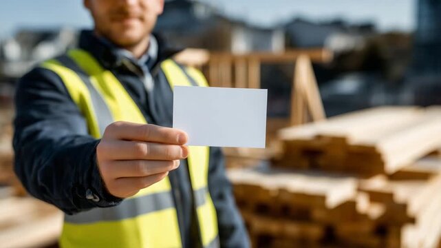 Bright sunlit construction site featuring a faceless worker from behind, extending a clean blank business card toward the camera, partially built timber framework and neatly arrang