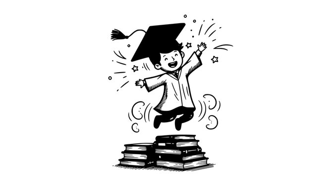 Happy graduate student with big cap doodle vector illustration jumping near book stack celebration concept isolated on white background
