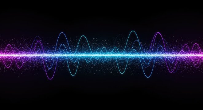 Vibrant blue and purple sine wave pattern moving across a dark background, representing frequency data and rhythmic motion, information, periodic, dynamic