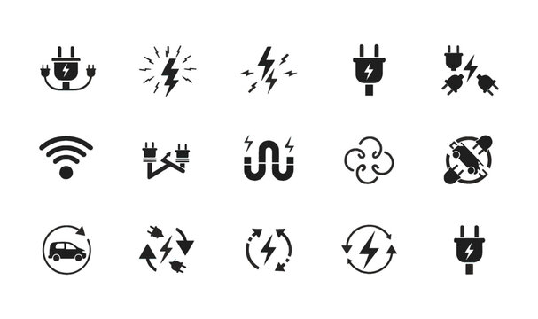 Premium 15 Electric Plug  Power Connectivity Icons - EV Charging Symbols, Wireless Power, Energy Circulation  Electrical Hardware Solid Glyph Graphics