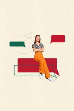 Art image vertical photo collage of happy girl hold laptop type message communication icon chatterbox dialogue conversation