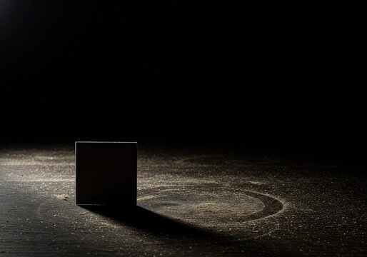 A clean, dust-free silhouette shape remains on a dark, dusty wooden table, symbolizing a notable absence and forgotten memory, shape, ghost, blank