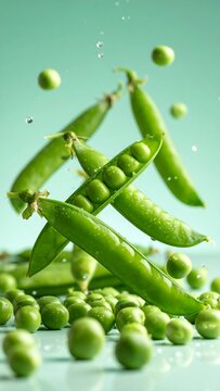 Freshly harvested, vibrant green pea pods and individual peas in a dynamic, mid-air arrangement against a soft teal backdrop