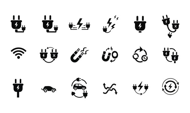Premium 18 Electric Plug  Magnetic Charging Icons - Universal Power Connector, Wireless Energy Transfer, EV Charging Cycles  Industrial Electrical Connectivity Solid Graphics