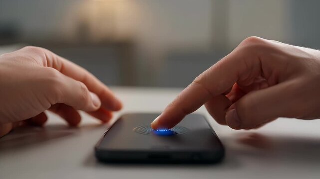 Biometric fingerprint scanning on smartphone, person using secure touch ID sensor on mobile phone, digital security and authentication technology