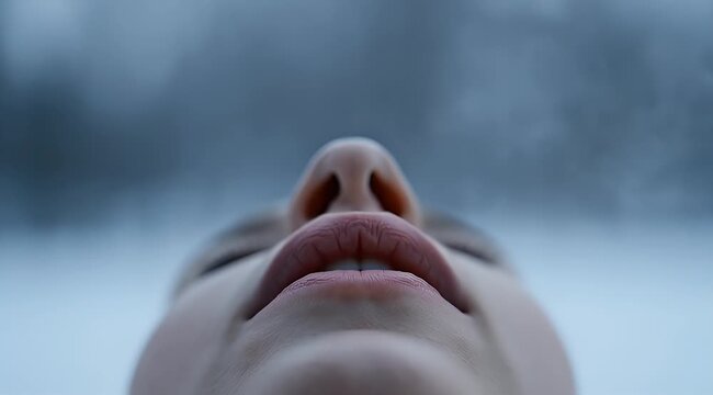 Cinematic close up of human breath in cold winter air, visible steam from mouth and nose, moody atmospheric outdoor winter scene