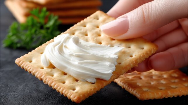 A hand is holding a saltine cracker topped with cream cheese spread. The background features an old kitchen table with a dark atmosphere