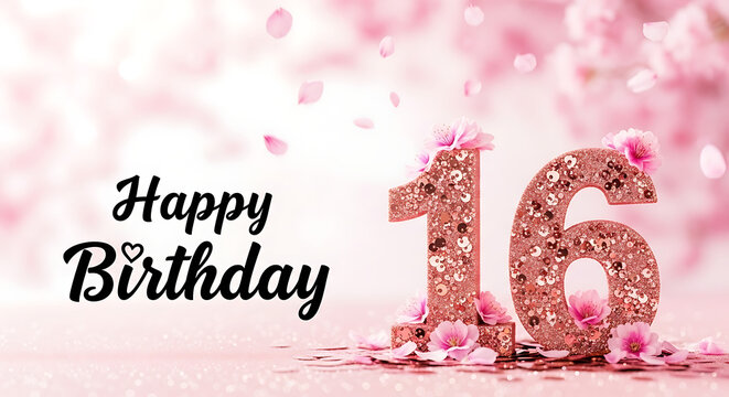 Happy 16th birthday greeting with pink flowers and glittery numbers
