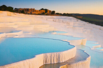 Fototapeta premium Sunlight bathes the white travertine terraces with turquoise thermal waters overflowing into tiered pools. The mineral-rich limestone formations glow against a soft sunset sky