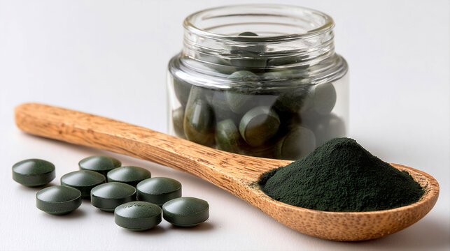 Green Spirulina Capsules in Transparent Glass Jar with Wooden Spoon on Natural Background