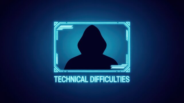 Technical difficulty screen with hooded hacker silhouette in glowing blue frame