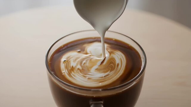 Creamy milk pouring into black coffee, glass mug with swirling espresso and dairy, morning caffeine routine, barista style latte art preparation