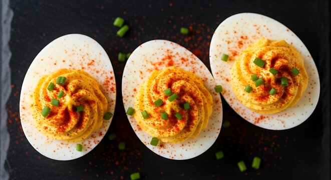 Deviled eggs with paprika and chives, elegant, studio light, black slate, 4k.