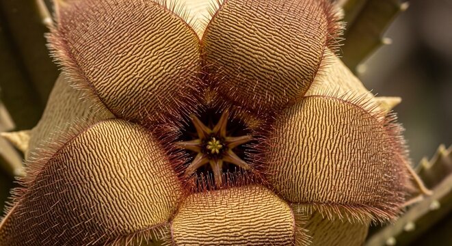 Closeup of a textured brown stapelia gigantea flower with hairy petals