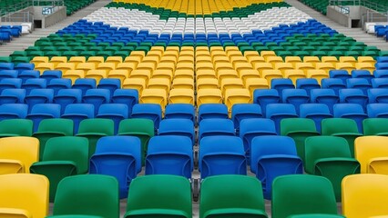 Fototapeta premium Empty stadium seats forming Brazilian national colors before World Cup match