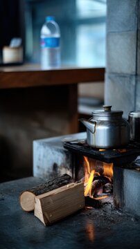 Firewood burns brightly with flames reaching up beside a cooking pot, creating a warm and inviting atmosphere in a dark space