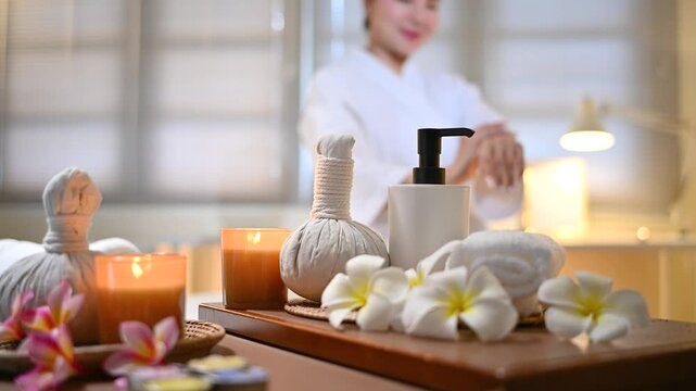 Woman relaxing in background, concept of self care, relaxation, beauty treatment, and luxury lifestyle.