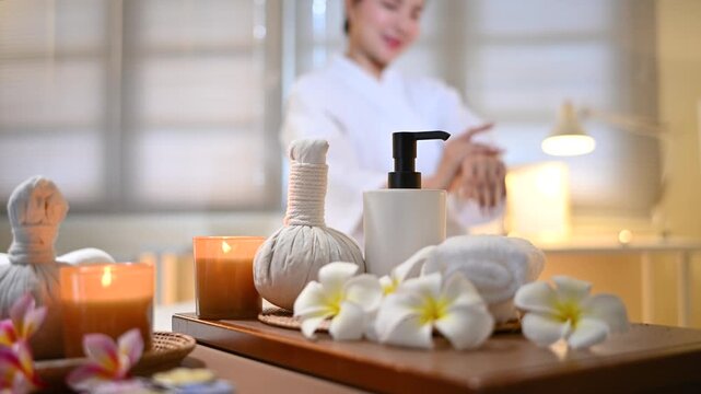 Woman relaxing in background, concept of self care, relaxation, beauty treatment, and luxury lifestyle.