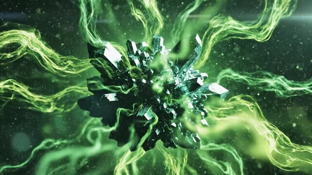 Abstract crystal core pulsating with energy, releasing green plasma-like waves, in deep space, sci-fi concept