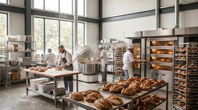 Bakers preparing and baking fresh bread in a modern commercial bakery with large ovens and racks filled with loaves
