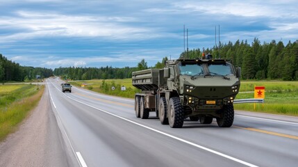 Obraz premium A military truck with an anti-aircraft system moves down a road surrounded by trees and green grass under a blue sky