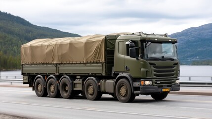 Obraz premium A military truck with an anti-aircraft system moves down a road surrounded by trees and green grass under a blue sky