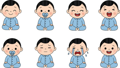 Fototapeta premium Baby Emotions Illustration Set Showing Happy Sad Crying Sleeping and Laughing Expressions with Cute Infant Character for Parenting and Childcare Design